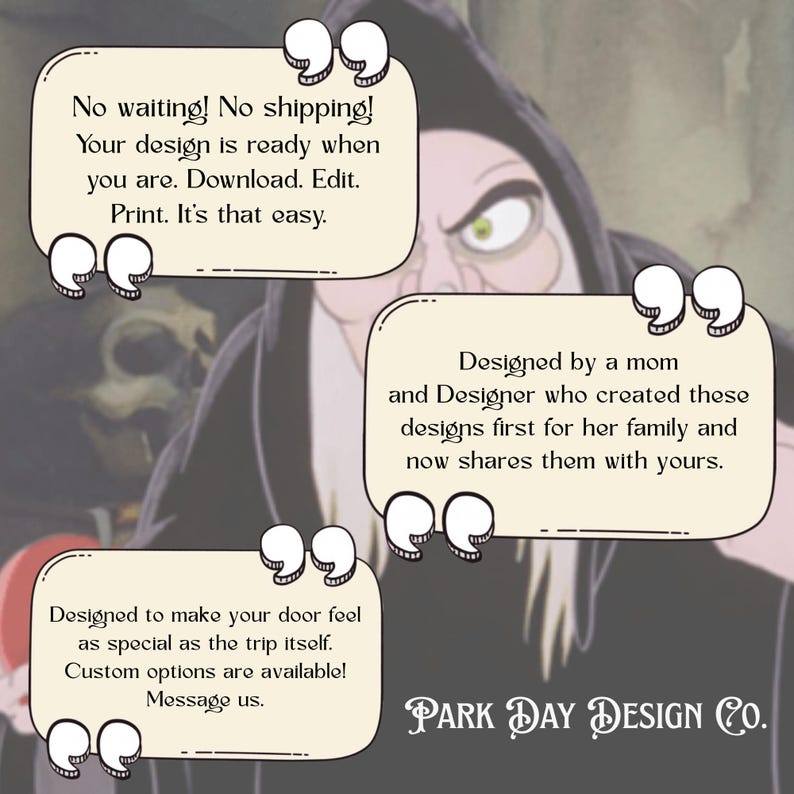 May include: Image features a stylized illustration of a character with text bubbles. The text reads: "No waiting! No shipping! Your design is ready when you are. Download. Edit. Print. It's that easy." and "Designed by a mom and Designer who created these designs first for her family and now shares them with yours."