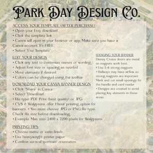 May include: A beige digital print with instructions for accessing and editing a Canva template from Park Day Design Co. The text includes steps for downloading, printing, and hanging the banner.