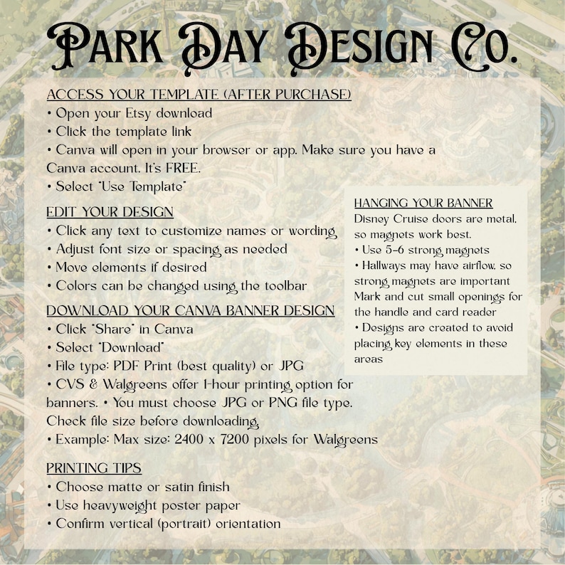 May include: A beige digital print with instructions for accessing and editing a Canva template from Park Day Design Co. The text includes steps for downloading, printing, and hanging the banner.