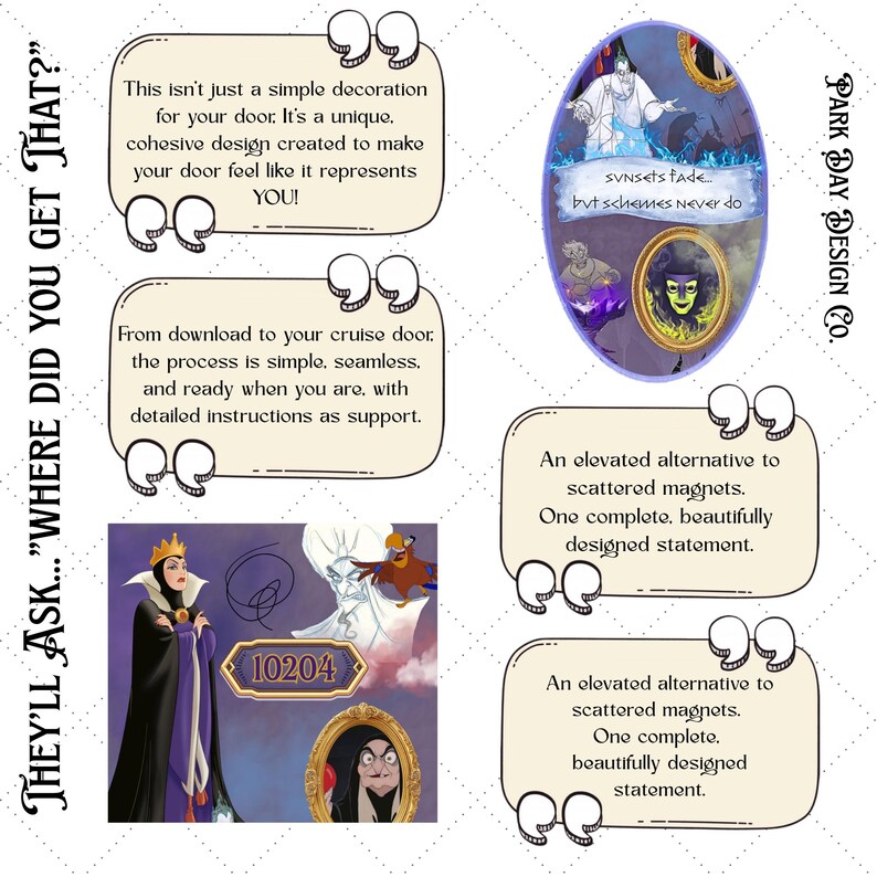 May include: A decorative design featuring images of Disney villains, including the Evil Queen, Jafar, and Ursula. The design includes the text "SUNSETS fade... but schemes NEVER do" and "10204". The design is from Park Day Design Co.