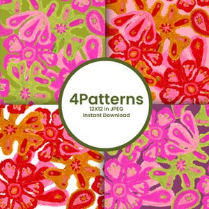 Pode incluir: Um gráfico digital apresentando quatro padrões florais distintos com uma textura semelhante a giz de cera. Um círculo branco central contém o texto 4Patterns, 12X12 in JPEG e Instant Download. Os padrões exibem tons vibrantes de rosa, vermelho, laranja e verde.