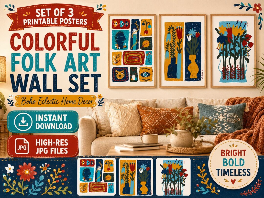 Colorful Botanical Wall Art Set, 3 Printable Posters, Boho Folk Art ...