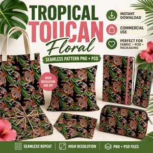 Pode incluir: Uma coleção de produtos com um design floral tropical com tucanos. Os itens incluem uma sacola, uma almofada, um caderno, uma capa de telefone, uma bolsa de cosméticos e uma amostra de tecido. O design apresenta flores e folhas rosa e verdes em um fundo preto. O texto inclui "Tropical Toucan Floral".