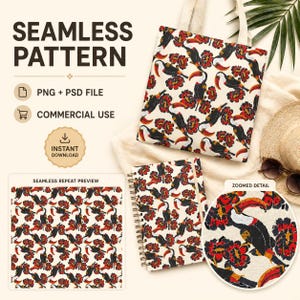 Pode incluir: Uma sacola creme, um caderno espiral e um círculo de detalhe ampliado, todos com um padrão contínuo de tucanos e flores vermelhas. As palavras "SEAMLESS PATTERN" estão no topo, com "PNG + PSD FILE", "COMMERCIAL USE" e "INSTANT DOWNLOAD" abaixo.