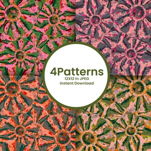 Pode incluir: Uma coleção digital de quatro padrões florais com motivos de flores estilizadas em paletas de cores variadas de rosa, verde, laranja e cinza escuro. A sobreposição circular branca central exibe o texto 4Patterns 12X12 in JPEG Instant Download.