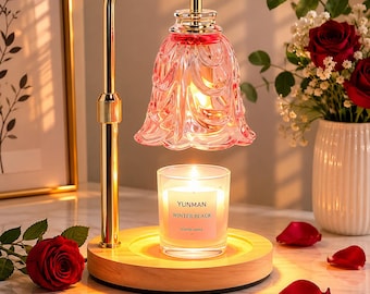 Gold Candle Warmer Lamp with Crystal Glass Shade, Adjustable Height Dimmable Candle Heater, Flameless Wax Melt Lamp Gift