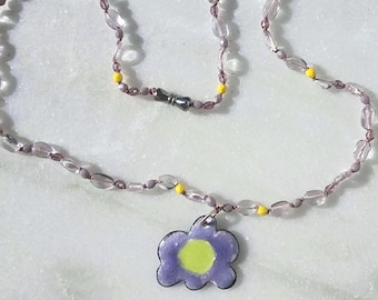 Purple Daisy Vitreous Enamel Beaded Necklace