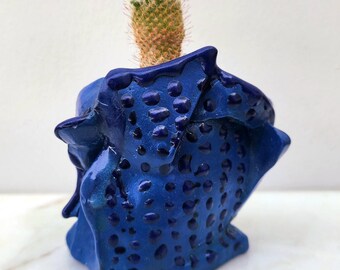 Small Sculptural Ceramic Planter with Cactus
