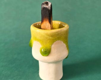 Ceramic Palo Santo Holder / White with Transparent Green Drippy Glaze