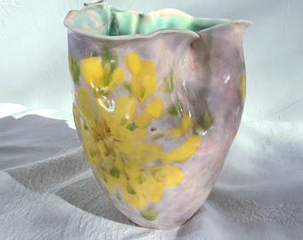 Ruffled Edge Porcelain Vase with Yellow Gladiolus Flowers