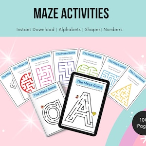 May include: A collection of printable maze activities for kids, featuring alphabets, shapes, and numbers. The image shows several maze game cards and a tablet displaying an "A" maze. The background is a soft pink with a rainbow.