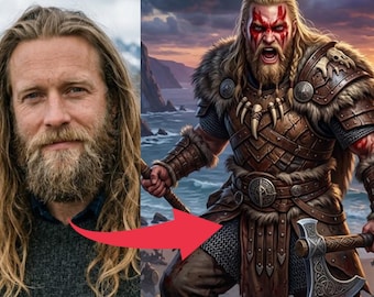 Retrato vikingo personalizado en pintura digital / Arte de guerrero nórdico personalizado / Regalo de retrato de fantasía