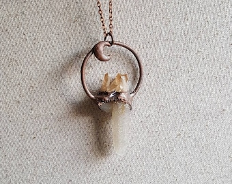 Electroformed Spirit Quartz Necklace, Tangerine Aura, Copper Moon Pendant