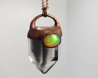 Rare Actinolite Phantom Quartz & Ethiopian Opal Copper Necklace
