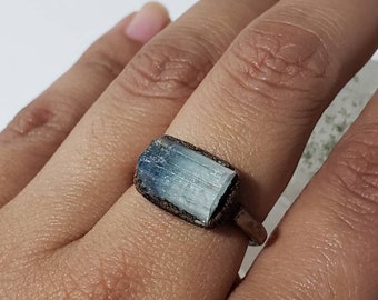 Anillo de aguamarina hecho a mano, joyería de cobre electroformado, talla 8