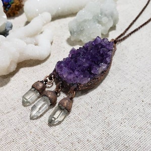 Amethyst & Quartz Dreamcatcher, Amethyst Cluster Necklace, Bohemian Jewelry, Copper Electroformed, Christmas Gift