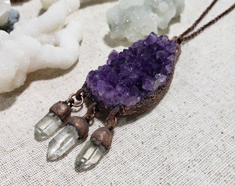 Electroformed Copper Amethyst Dreamcatcher Necklace: Bohemian Quartz Jewelry