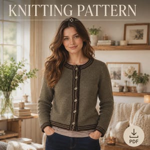 May include: A knitting pattern for a long-sleeved, olive green cardigan with a round neckline and a dark brown button-down front. The garment features dark brown striped trim along the cuffs, hem, and button placket. The text KNITTING PATTERN is visible.