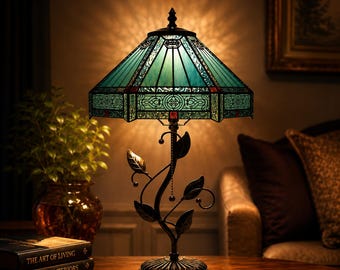 Tiffany Table Lamp,Stained Glass Desk Light,W12H19 Inch, Metal Leaf Base,Tulip Stained Glass Lamp