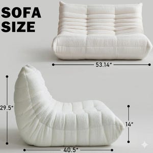 May include: White, textured sofa with measurements. The sofa is shown in two views: a top-down view and a side view. The top view is 53.14 inches wide. The side view is 40.5 inches long, 29.5 inches high, and 14 inches deep. The text "SOFA SIZE" is in the upper left corner.