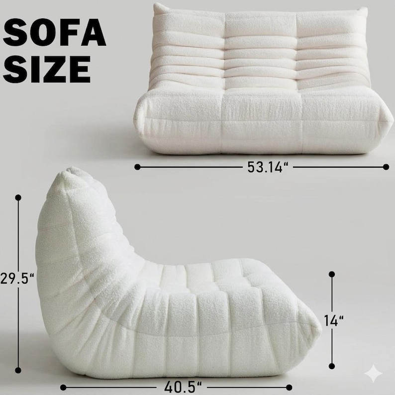 May include: White, textured sofa with measurements. The sofa is shown in two views: a top-down view and a side view. The top view is 53.14 inches wide. The side view is 40.5 inches long, 29.5 inches high, and 14 inches deep. The text "SOFA SIZE" is in the upper left corner.