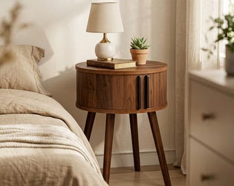 Walnut Sliding Door Nightstand,Modern Wooden Side Table,Bedroom Storage End Table
