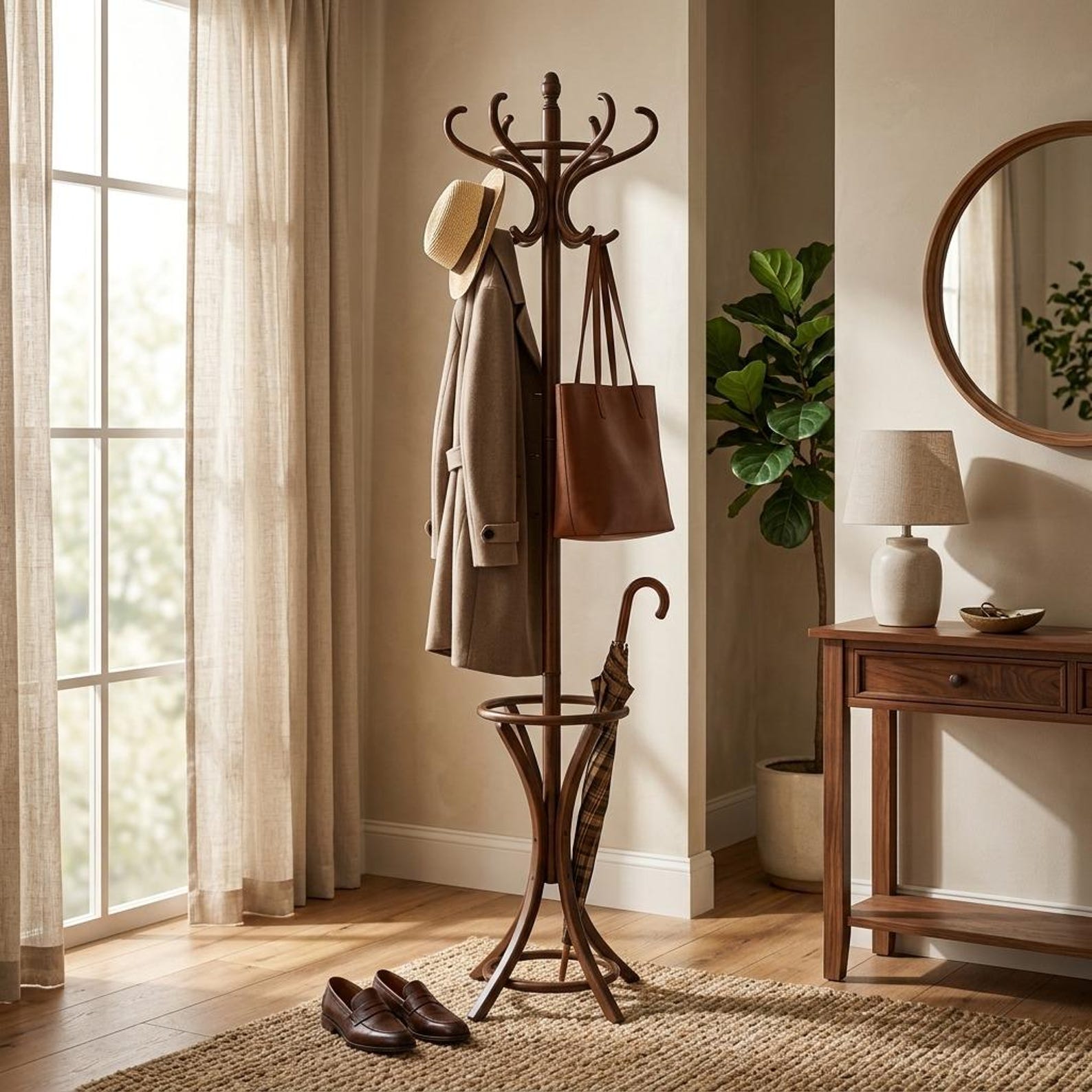 Solid Wood Coat Rack, Rotating Hooks, Umbrella Holder, Freestanding Hat Stand