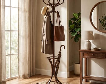 Solid Wood Coat Rack, Rotating Hooks, Umbrella Holder, Freestanding Hat Stand