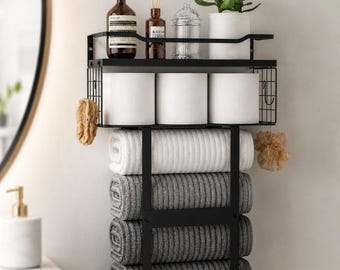 Bathroom Storage Shelf Above Toilet | Wall Mounted Wooden Towel Rack | Rolled Towel Organizer