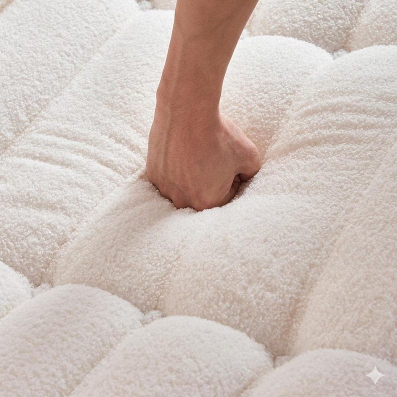 May include: Close-up of a plush, off-white, quilted surface. A hand is pressing into the soft material, creating an indentation. The texture appears fluffy and inviting, suggesting a comfortable bedding or upholstery item.