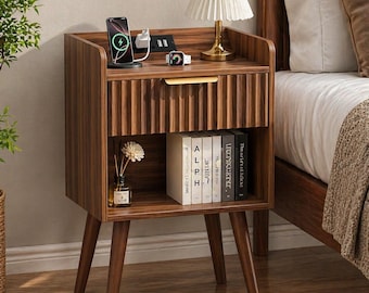 Walnut Fluted Nightstand, Bedside Table with Charging Station, Drawer Storage