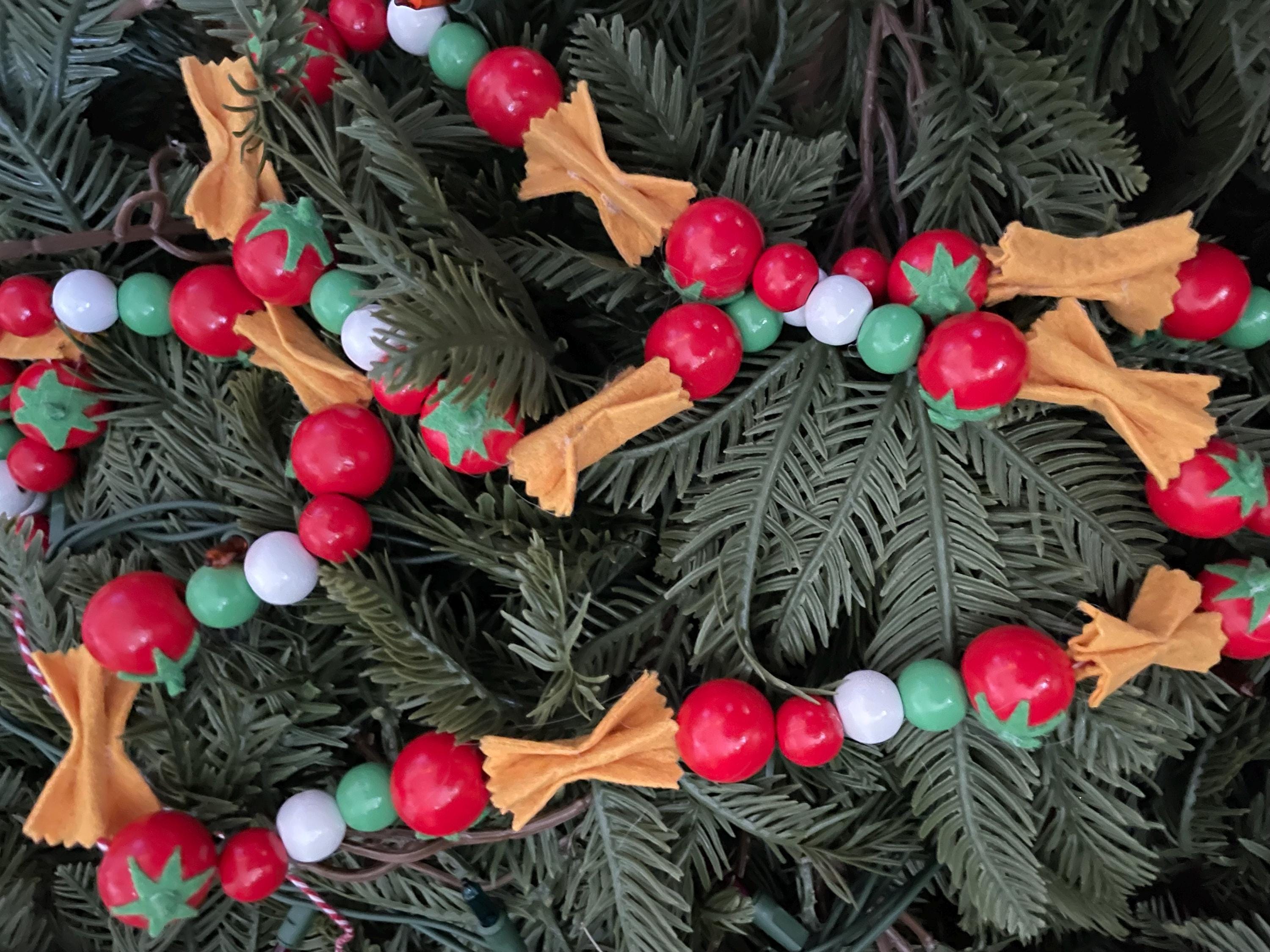 Farfalle Pasta Christmas Garland, Felt & Wood Bead Decor