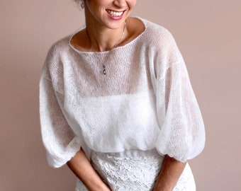 Wedding bolero mohair sweater for bride, white bridal pullover with puff sleeves 3/4 long