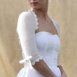 Mohair Wedding Bolero Shrug with Bow Knit Ivory Sweater Bridal Cover up Idea Rehearsal Dinner Party Dress Topper Romantic Spring Nuptails