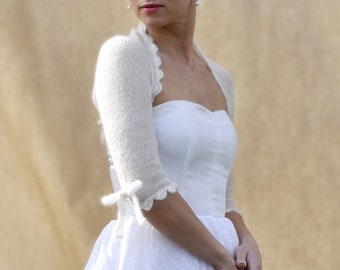 Boléro de mariage en mohair haussement d'épaules avec noeud en tricot ivoire pull couverture de mariée idée répétition dîner robe de soirée Topper romantique printemps