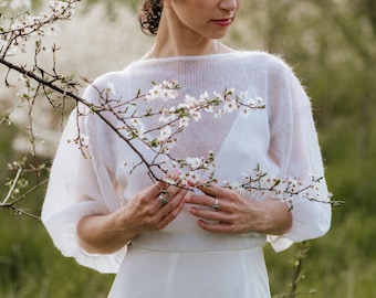 Woman mohair sweater wedding outerwear white cover up for bride puff sleeve sweater bridesmaid boat neck pullover mesh wedding dress topper