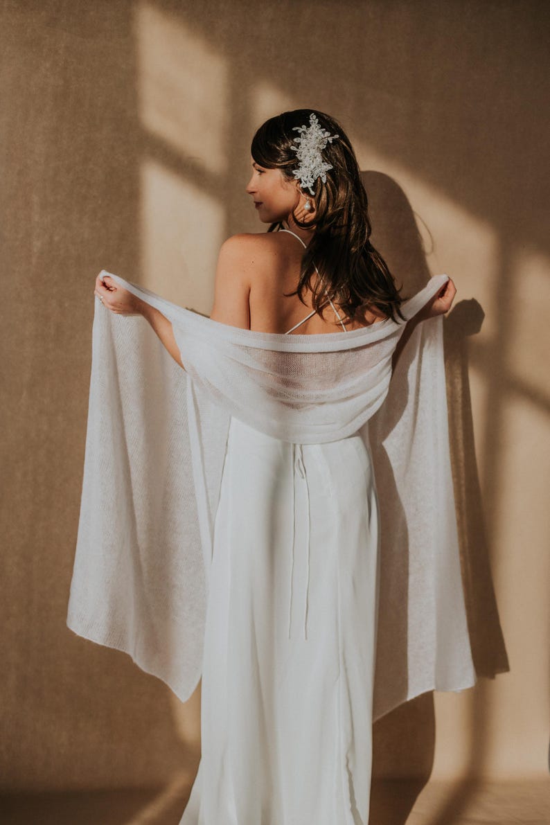 Mohair Silk Shawl Bridal Wrap Vow Renewal Outerwear Pale Pink Cover Up Elopement Bride Cape Elegant Wedding Attire Made of Honor Knit Stole image 11