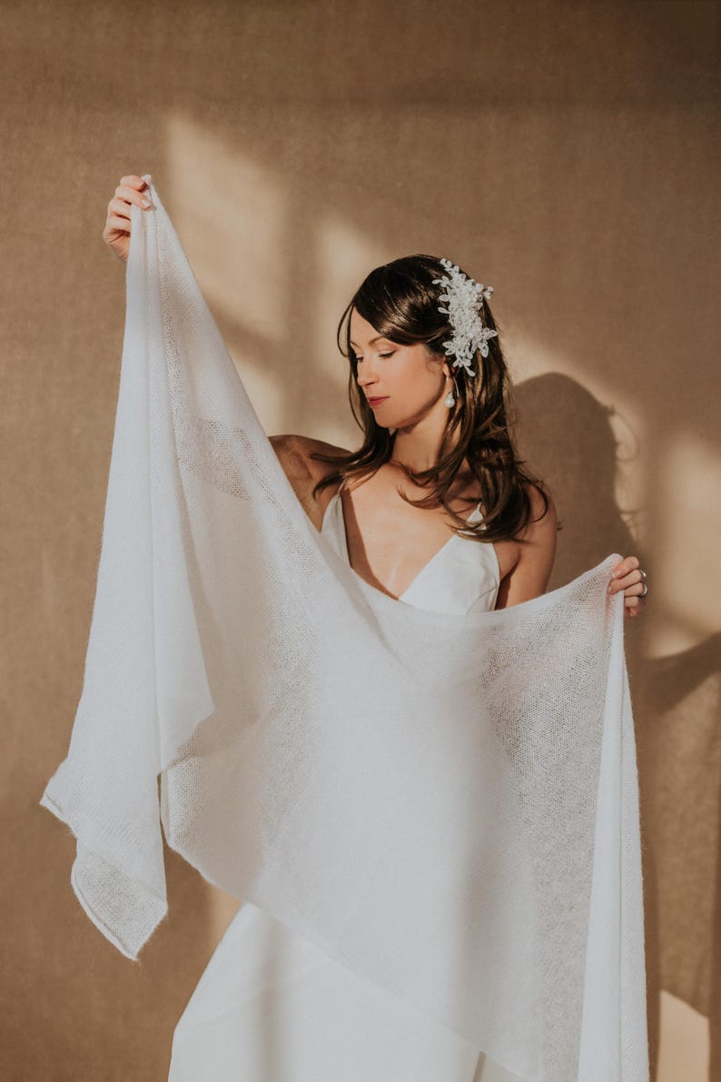 Mohair Silk Shawl Bridal Wrap Vow Renewal Outerwear Pale Pink Cover Up Elopement Bride Cape Elegant Wedding Attire Made of Honor Knit Stole image 12