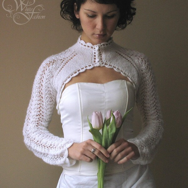 BRIDAL SHRUG wedding bolero long sleeves turtle-neck cream color knitted size L - custom order