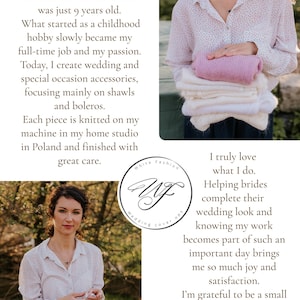 May include: A person wearing a light-colored patterned button-down shirt holding a stack of folded knitted shawls and boleros. The text includes an introduction from Aleksandra, owner of White Fashion, and social media handles for @butik.whitefashion.