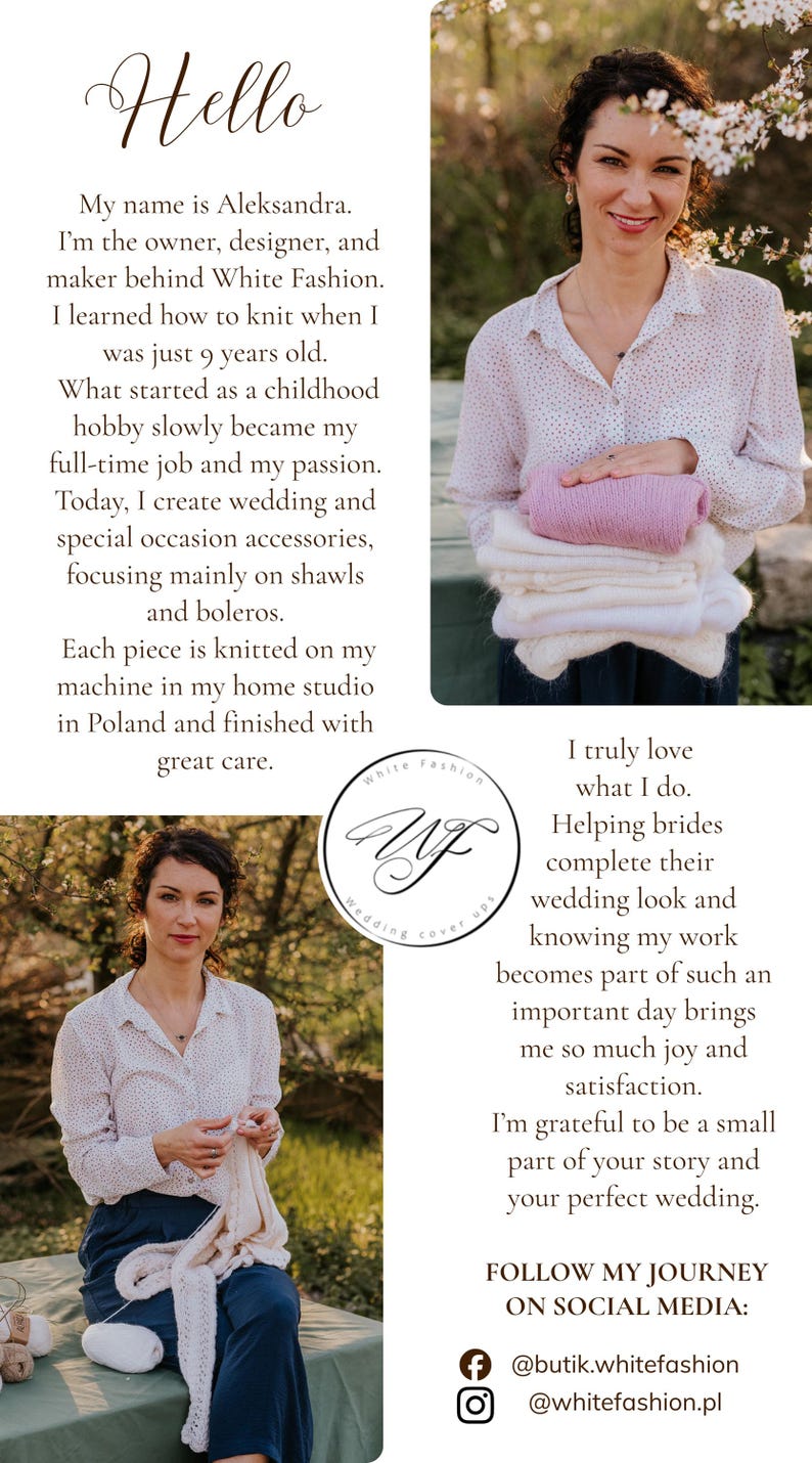 May include: A person wearing a light-colored patterned button-down shirt holding a stack of folded knitted shawls and boleros. The text includes an introduction from Aleksandra, owner of White Fashion, and social media handles for @butik.whitefashion.