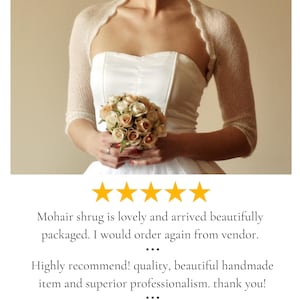 May include: A cream-colored, fine-knit mohair shrug with three-quarter length sleeves and a scalloped edge, worn over a strapless white dress. The image includes text stating +3000 happy customers and several five-star customer reviews.