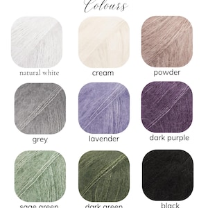 May include: A grid of nine square swatches of fuzzy yarn, each labeled with its color: natural white, cream, powder, grey, lavender, dark purple, sage green, dark green, and black. The title at the top of the image reads Colours in a script font.