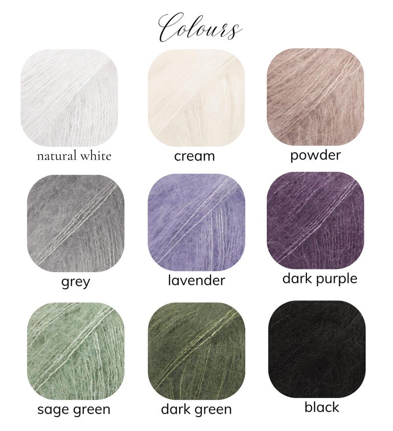 May include: A grid of nine square swatches of fuzzy yarn, each labeled with its color: natural white, cream, powder, grey, lavender, dark purple, sage green, dark green, and black. The title at the top of the image reads Colours in a script font.
