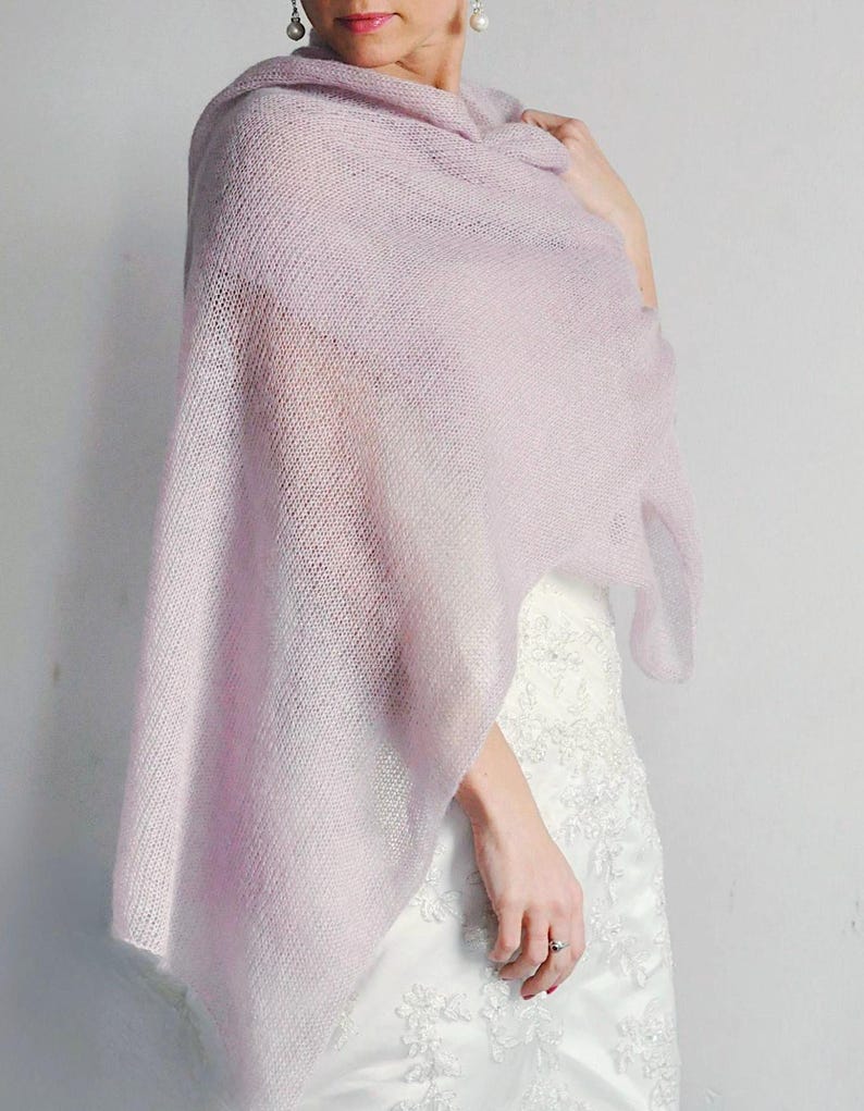 Muted Blush Silk Mohair Wedding Shawl for Confident Bride Second Wedding Ceremony Minimalist Bridal Wrap Cozy Elegant Cape Handmade Knit Cover Up for Nature Inspired Wedding Outdoor Elopement Soft Layer Vow Renewal Bride Timeless Romantic Bridal Look Civil Ceremony Brirthday gift for elegant woman quality gift for bride-to-be shoulder wrap evening wear idea premium gift for grandma church cover up eco fashion capsule wardrobe accessory idea