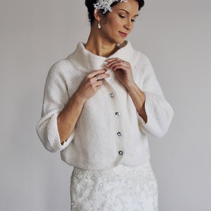 Fall wedding jacket bridal off white coat,mohair sweater with crystal buttons,funnel neck bridal coat for winter wedding bolero jacket shrug