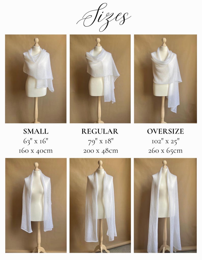 Op de afbeelding: Een maattabel voor witte sjaals op etalagepoppen. De afmetingen zijn: Small 160 cm x 40 cm, Regular 200 cm x 48 cm en Oversize 260 cm x 65 cm. De tekst 'Sizes' staat bovenaan de afbeelding.