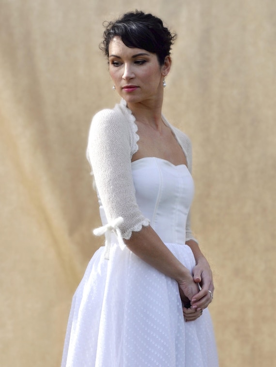 Mohair Wedding Bolero Shrug with Bow Knit Ivory Sweater Bridal Cover up Idea Rehearsal Dinner Party Dress Topper Romantic Spring Nuptails