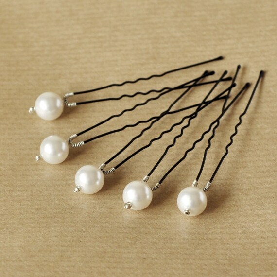 Items similar to BRIDAL HAIR PINS wedding set of 5 pins white Swarovski pearls hair