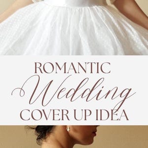 May include: A cream-colored, fine-knit bolero shrug with three-quarter length sleeves and a scalloped edge. The garment is worn over a white strapless dress featuring a satin waistband and a full skirt with a subtle dotted texture.